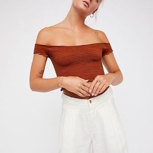 Free People smocked off the shoulder top in Rust color